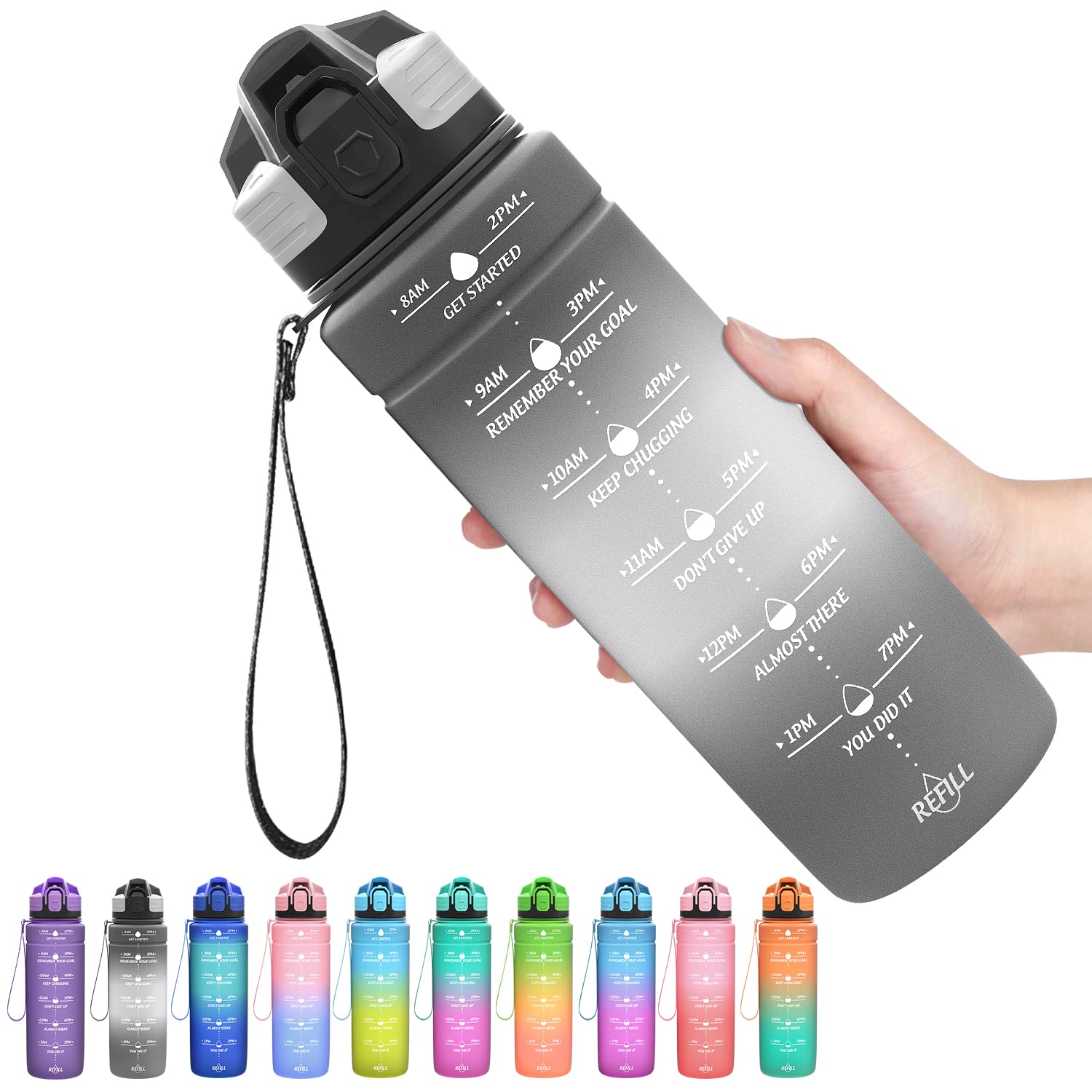 Coolfel Motivational Water Bottle with Time Markings, 1.5l 1l Sports Water Bottle 700ml 500ml Kids Water Bottles, BPA Free Tritan Leakproof Reusable Drink Bottle for Gym, School, Running — image 1