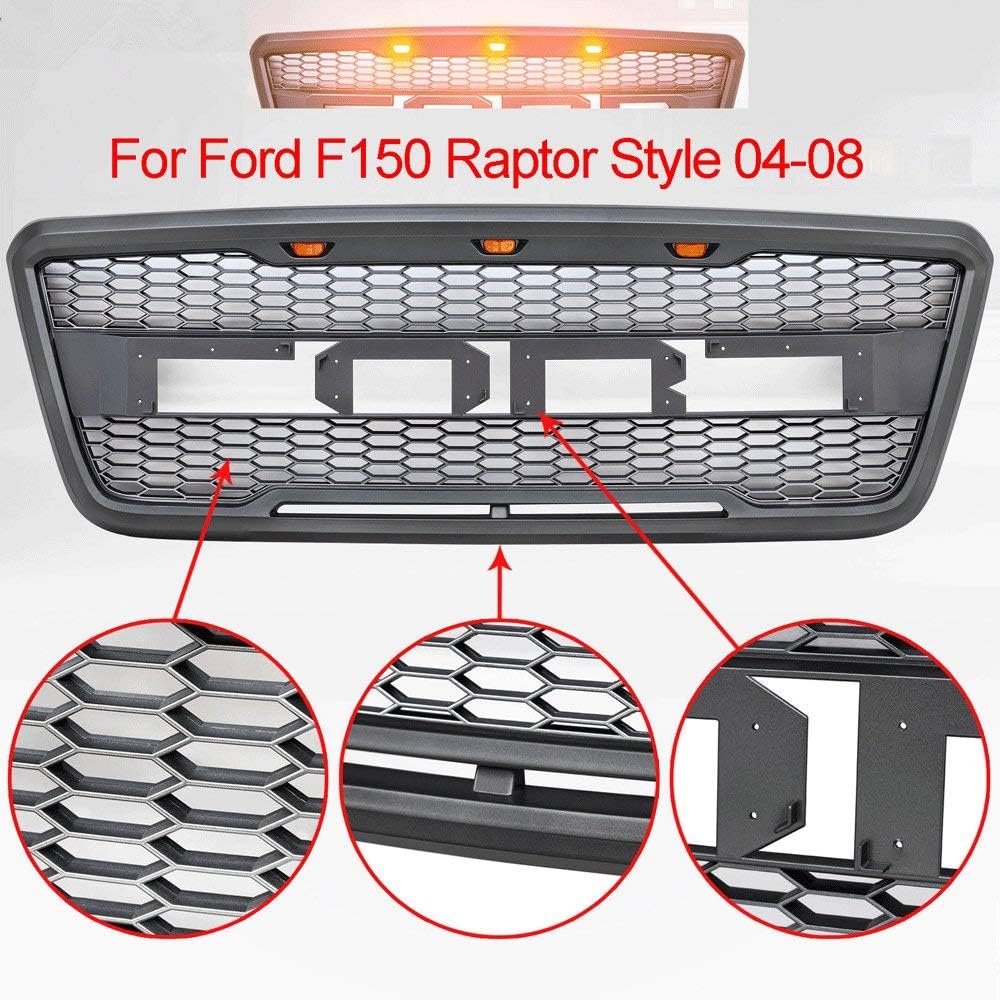 OTQEALY Compatible With/Replacement For Front Bumper Grille For Ford f150 Raptor Style 04-08, High-Strength Wear-Resistant Cooling Grille With Led Lights,A