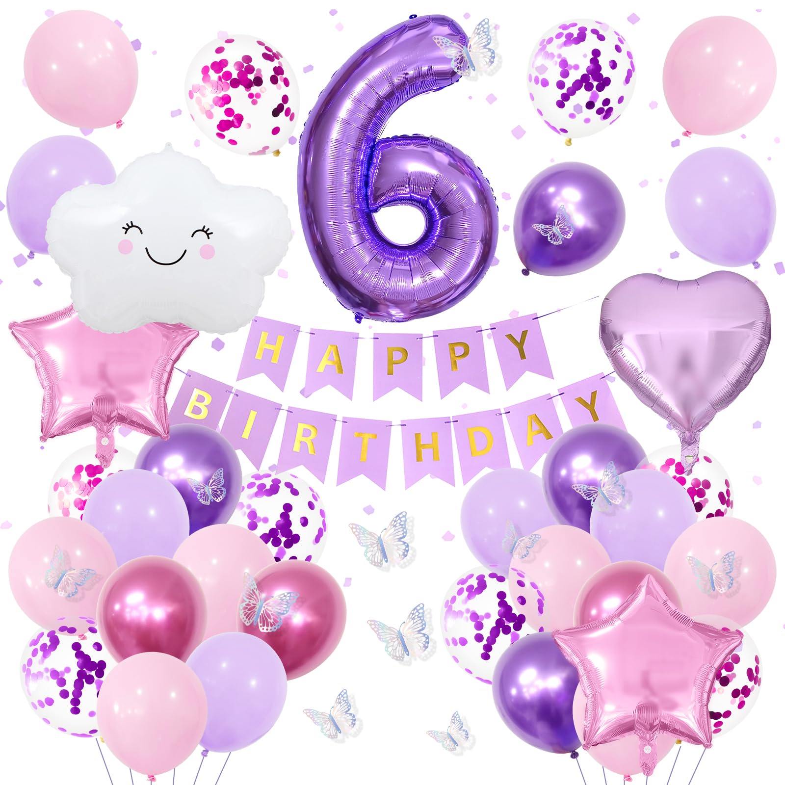 6th Purple Birthday Decorations for Girls, Pink Purple Party Decor with Number 6 Balloon, Butterfly Stickers, White Cloud Balloon, Star & Heart Foil Balloons, Birthday Banner Party Supplies
