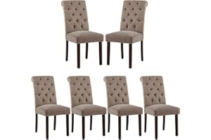 COLAMY Button Tufted Dining Chairs Set of 6, Parsons Upholstered Fabric Dining Room Chairs Kitchen Chairs with Wood Legs and Padded Seat, Taupe