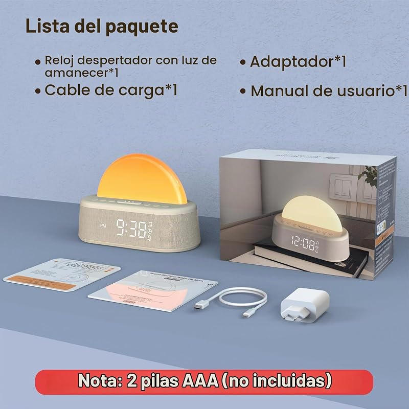 Despertador Amanecer, Despertador Luz Natural Simulación de Amanecer, Despertador Solar, Wake Up Light con Función Alarma y Snooze, 30 Ruido Blanco, 20 Niveles Brillo, 8 Modos de Luz, Temporizador
