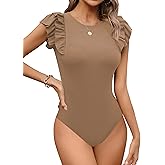 Missufe Women's Summer Ruffle Flutter Sleeve Ribbed Casual Bodysuit Tops