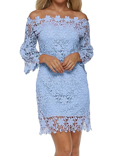 Auxo Damen Schulterfreie Langarm Kleider mit Spitze Elegant Blumen Kurz Abend Etuikleid