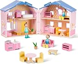 Giant bean Pink Wooden Dolls House with Dolls & Furniture, Foldable Portable