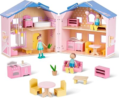 Giant bean Pink Wooden Dolls House with Dolls & Furniture, Foldable Portable
