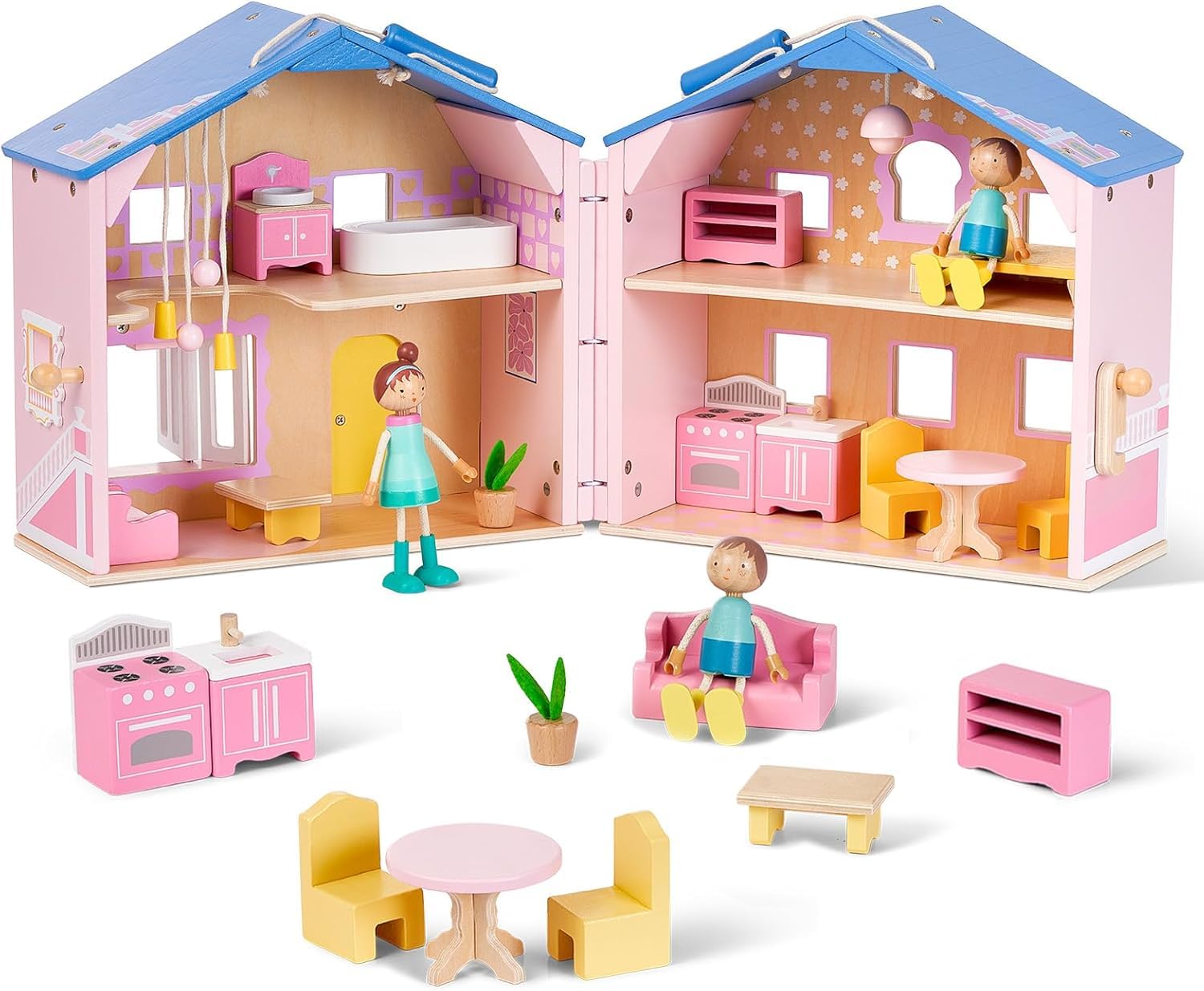 Photo 1 of Giant bean Exquisite Pink Wooden Dollhouse for Girls with 2 Dolls and 12pcs Wooden Furniture,Foldable and Portable Pretend Play House Set with Handle, Christmas Birthday Gift for Girls Kids Age 3+