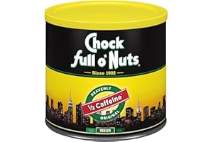 CHOCK FULL O' NUTS Chock full o’Nuts Heavenly Original Half Caffeine Ground Coffee – Premium Beans in Recyclable Steel Can – Rich Flavor & Aroma, Medium Roast – Perfect for Drip, Pour-Over, Percolator – 24 Oz Can