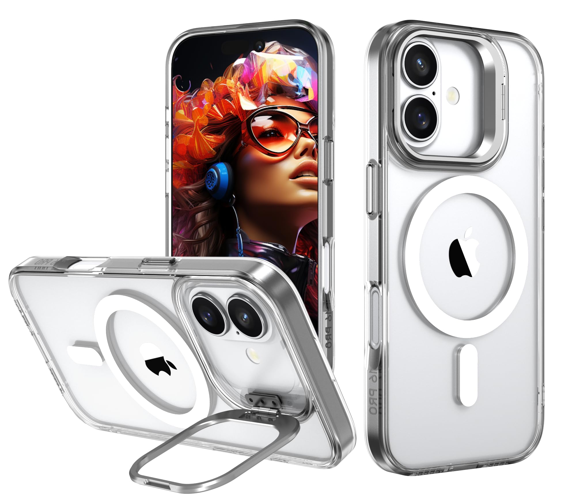 IDweel for iPhone 16 Case with Built-in Camera Stash Stand, Compatible with MagSafe, Slim Fit & Lightweight, Magnetic Hard Back Soft Edge Anti-Yellow Anti-Fingerprint Flexible Shockproof Cover,Clear