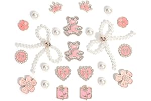 Eooberr 24Pcs Bling Pearl Bow Shoe Charms for Clog Sandals Women, Bear, Flower, Pearl Accessories, DIY Shoe Decoration Charms for Girls