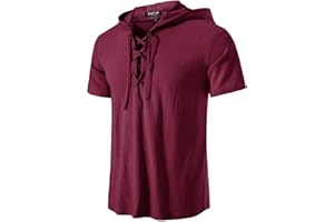 JEMITOP Men's Cotton Vintage Hooded Design Short Sleeve Lace up Shirts for Renaissance Pirate Viking Medieval Costume