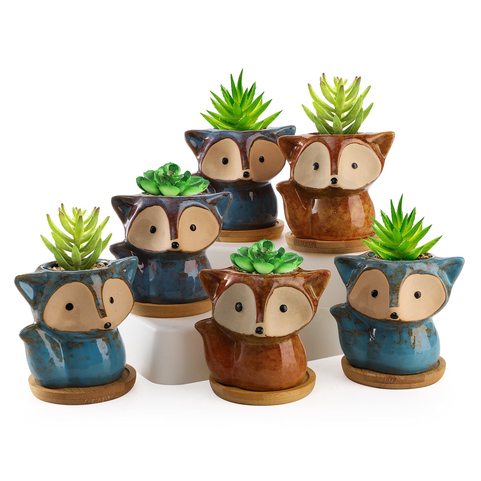 Photo 1 of Dicunoy 6 Pack Mini Animal Succulent Planters with Bamboo Tray, 3.5" Ceramic Fox Flower Pots with Drainage Hole, Cute Cactus Planter for Indoor Plants, Home, Office, Window Decoration