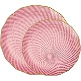 PLASTICPRO 30 Pack Plastic Plates Set of 15-10 inch Plate and 15-7 inch Plates, Elegant Clear Pink Spiral and Gold Rim Disposable Fancy Plate Premium Heavyweight