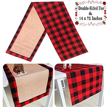 Senneny Christmas Table Runner Burlap Cotton Red Black Plaid Reversible Buffalo Check Table Runner For Christmas Holiday Birthday Party Table Home