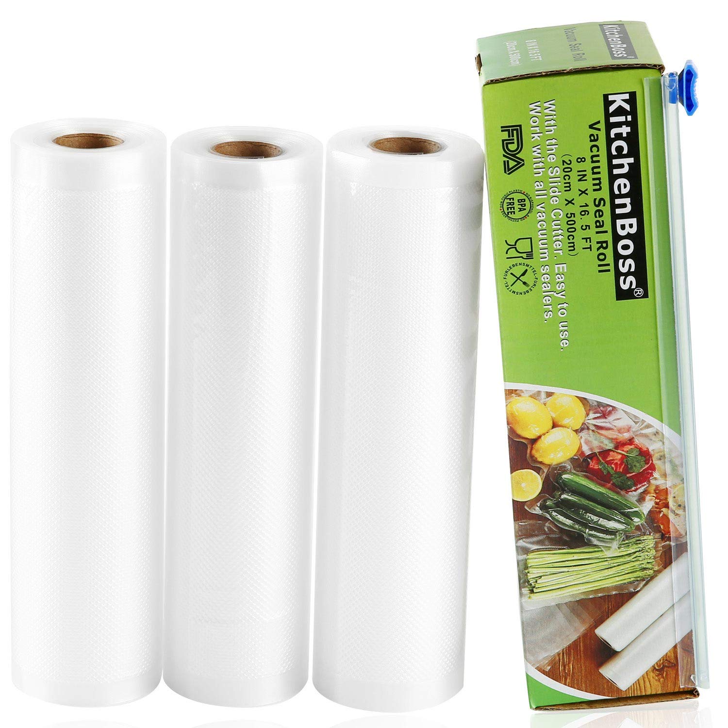 KitchenBoss Vacuum Food Sealer Rolls with Cutter-Box, 3 Rolls 20x 500cm Vacuum Sealer Bags for Food Storage and Sous Vide, BPA-free