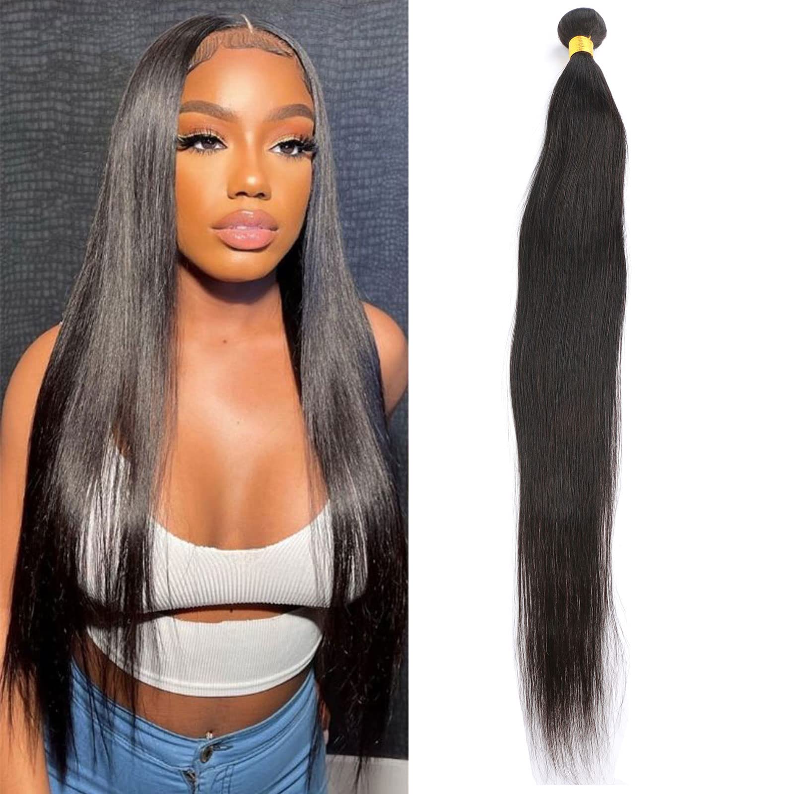 Huarisi 26 inch Long Straight Weave Single Bundle,1 Bundle Straight Human Hair for Black Women 8a Unprocessed Brazilian Virgin Hair Real Hair Extensions (Natural Color,100g)