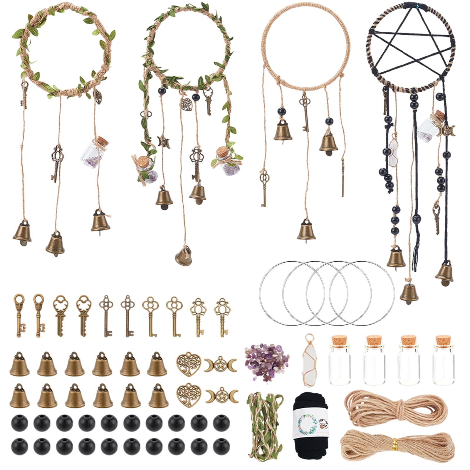 ORIGACH 4 Set DIY Witch Bells Kit for Door Knob Witchcraft Decorations Kit Witches Wind Chimes for Protection Witchy Gift Witch Craft for Bedroom Garden Wall Hanging