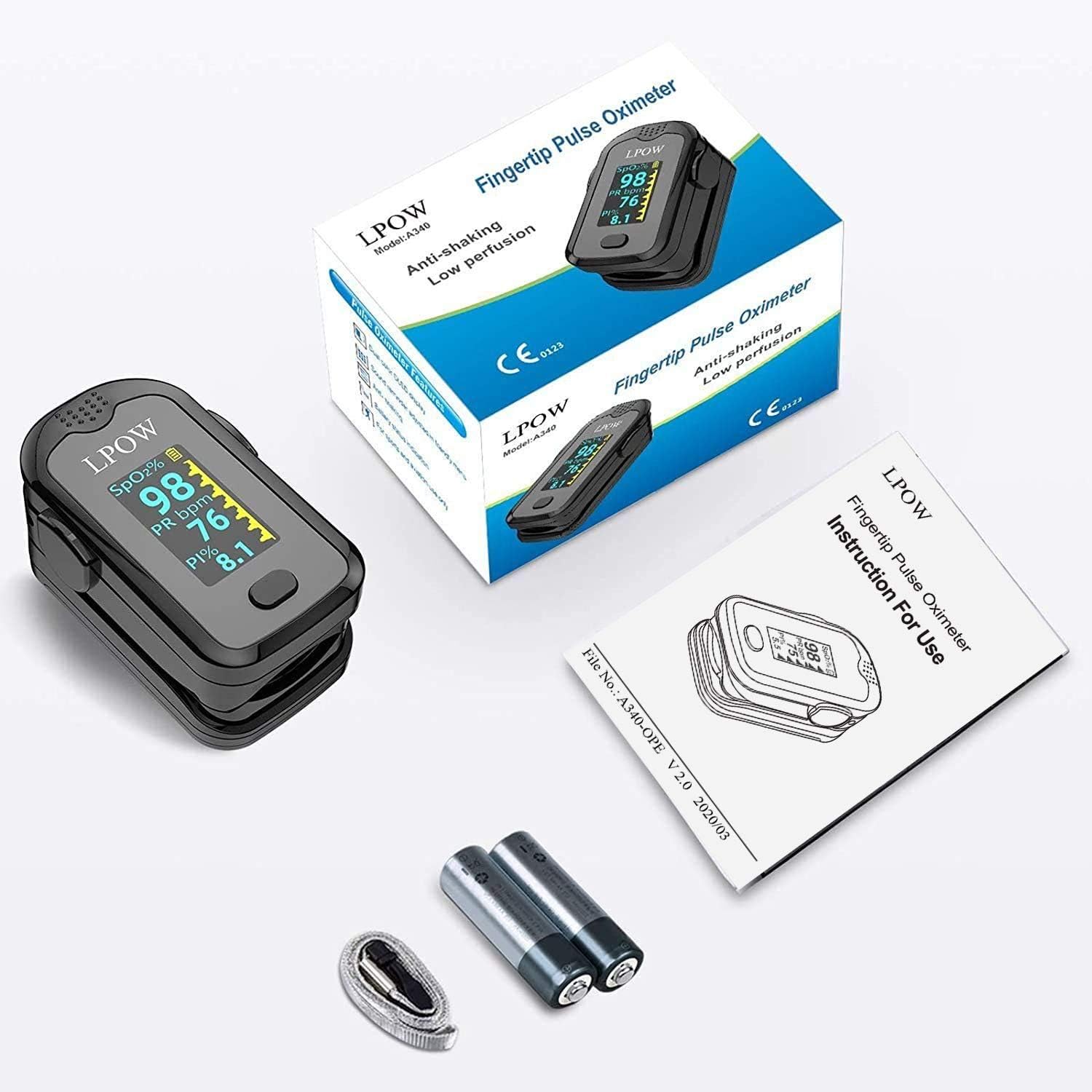 LPOW Pulse Oximeter Fingertip, Blood Oxygen Saturation Monitor for Pulse Rate, Heart Rate Monitor and SpO2 Levels with OLED Screen Display Batteries and Lanyard Included: Health & Personal Care