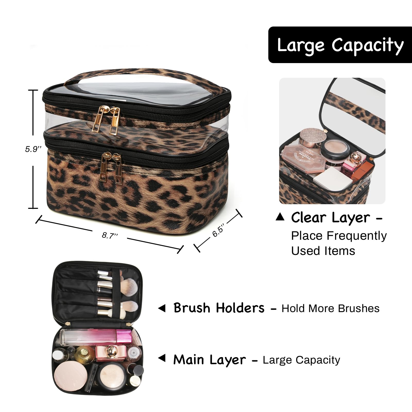Double-layer Cosmetic Bag Makeup Bag Travel Makeup Bag Makeup Bags for Women Cosmetics Cases Portable Waterproof Foldable (Leopard)