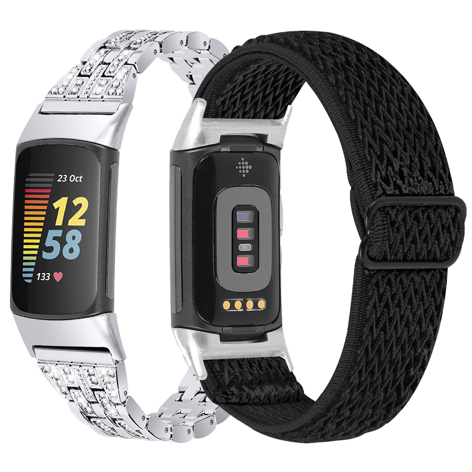 Gimuk Compatible with Fitbit Charge 6/Charge 5 Strap Stainless Steel Metal Bling Rhinestone Sport Replacement Wrist Strap Wristband Bracelet for Fitbit Charge 6/Charge 5 Silver Rose Gold Black