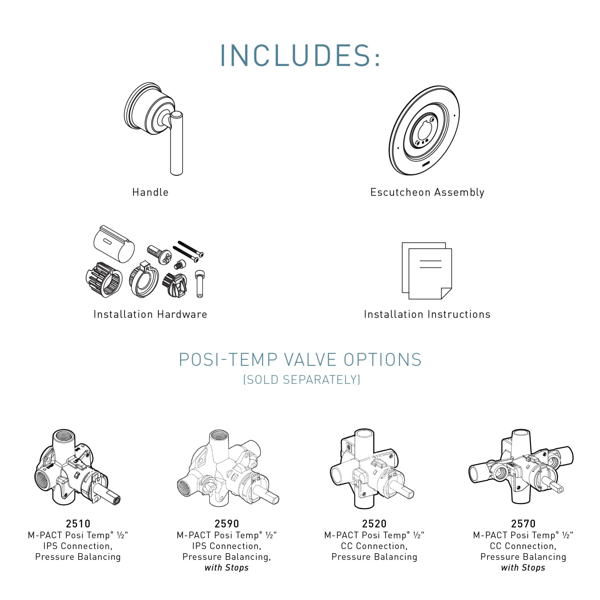 Moen Gibson Chrome Posi-Temp Pressure-Balancing Modern Valve Handle Only Trim, Valve Required, T2901