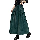ebossy Women's Corduroy Maxi Skirt Elastic High Waist Drawstring Tie Front A-Line Pleated Long Skirt with Pockets