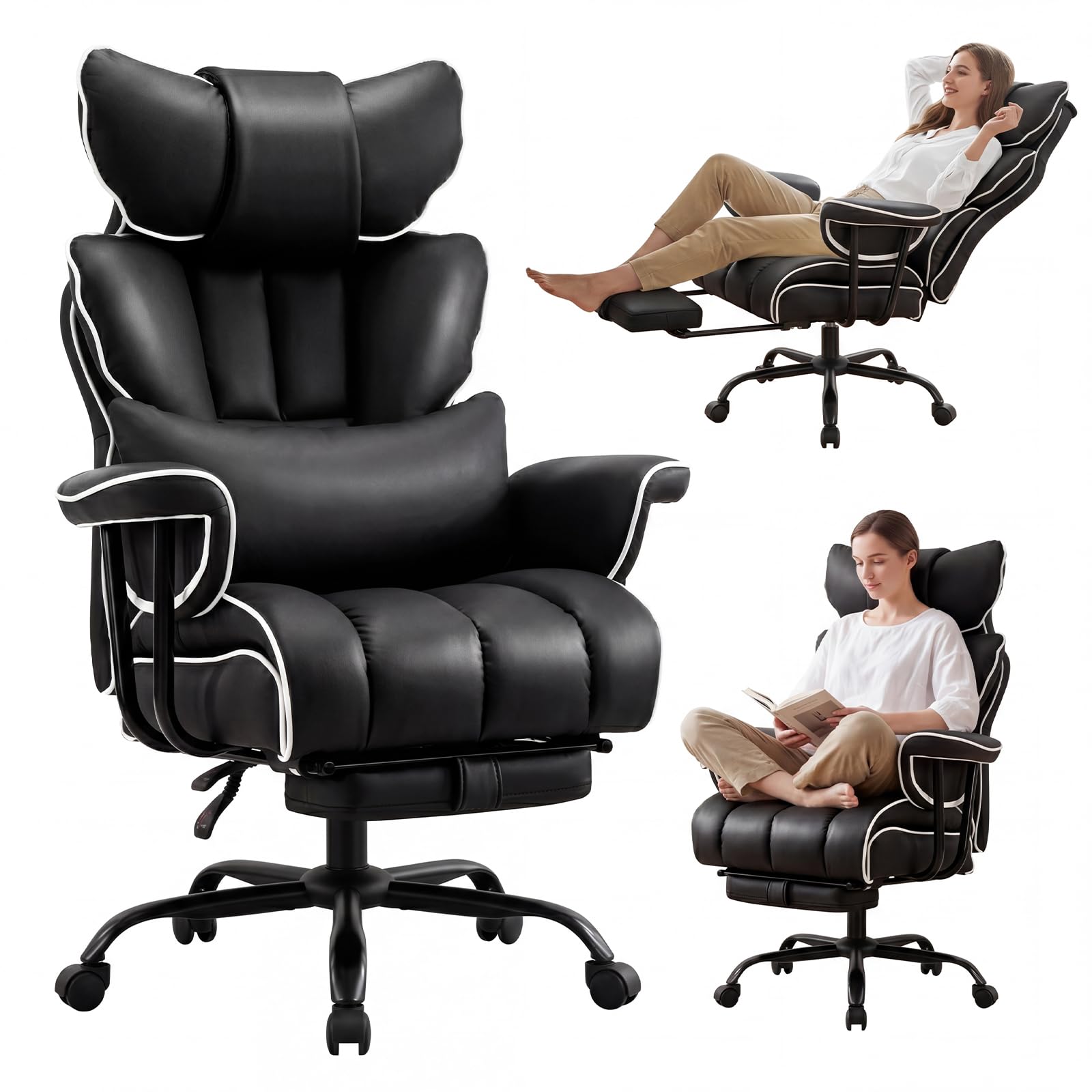 Ckaff Bürostuhl Chefsessel Ergonomisch, Gaming Stuhl aus PU Leder, Bürostuhl 200kg mit Fußstütze und Lendenwirbelstütze, Schreibtischstuhl mit Verstellbarer Rückenlehne (Schwarz) 2