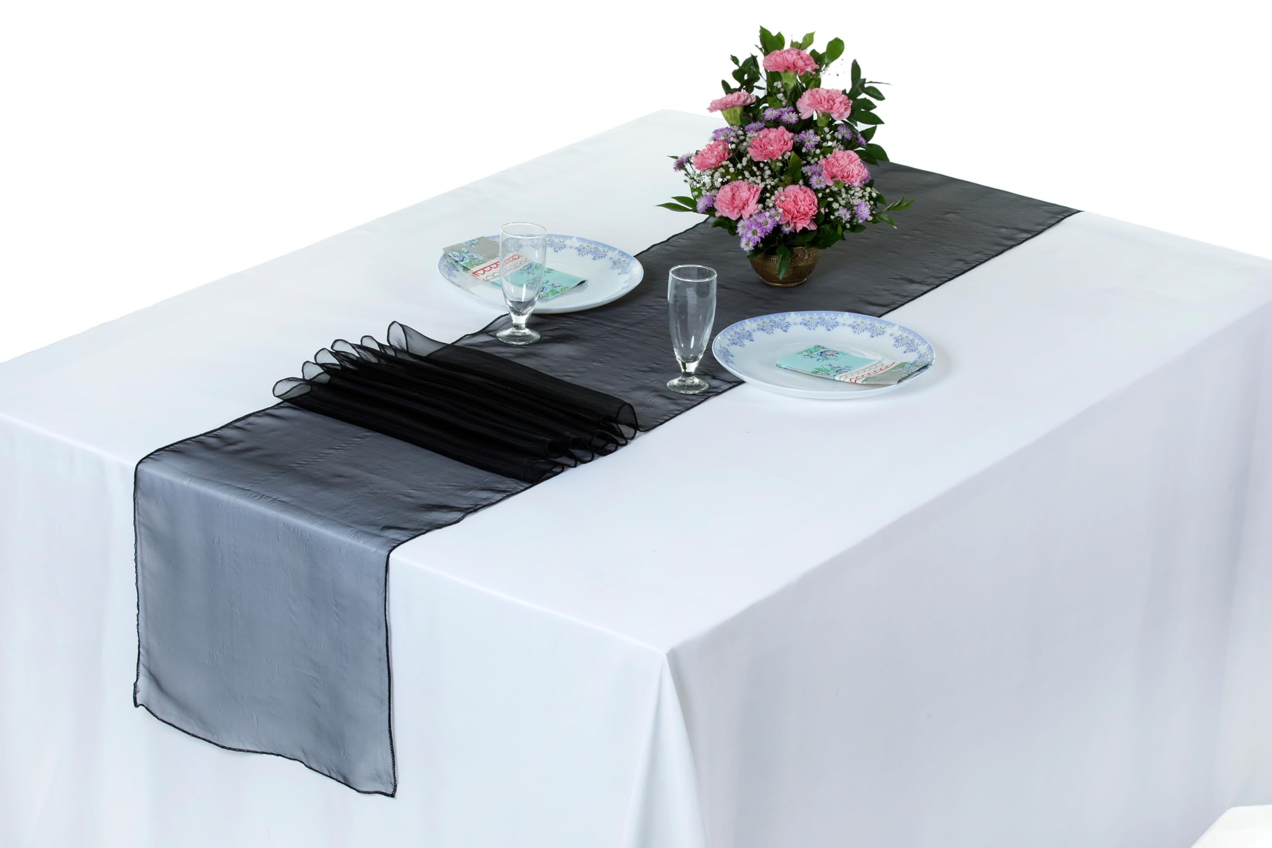 MDS 10 Pack Organza Table Runner 12 x 108 inch Long Premium Table Runners for Wedding Party, Events Decoration, Banquets Decorations, Bright and Smooth Silk Fabric Party Table Runner- Black
