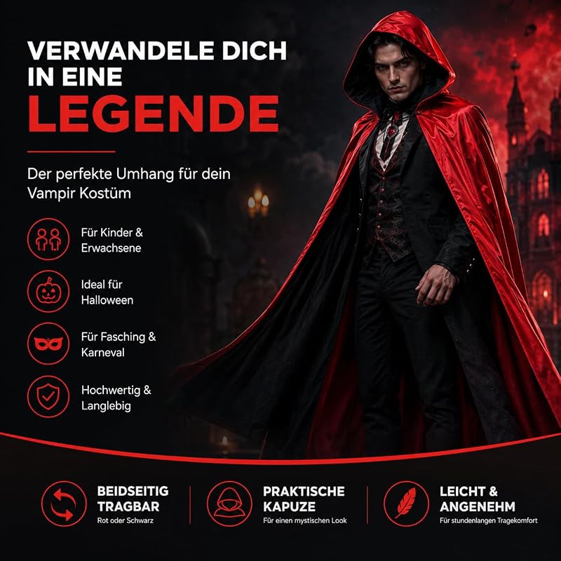 Umhang rot & schwarz mit Kapuze - für Halloween & Fasching & Karneval Vampir Kostüm für Kinder & Erwachsene, Beidseitig — Foto 3 von 8