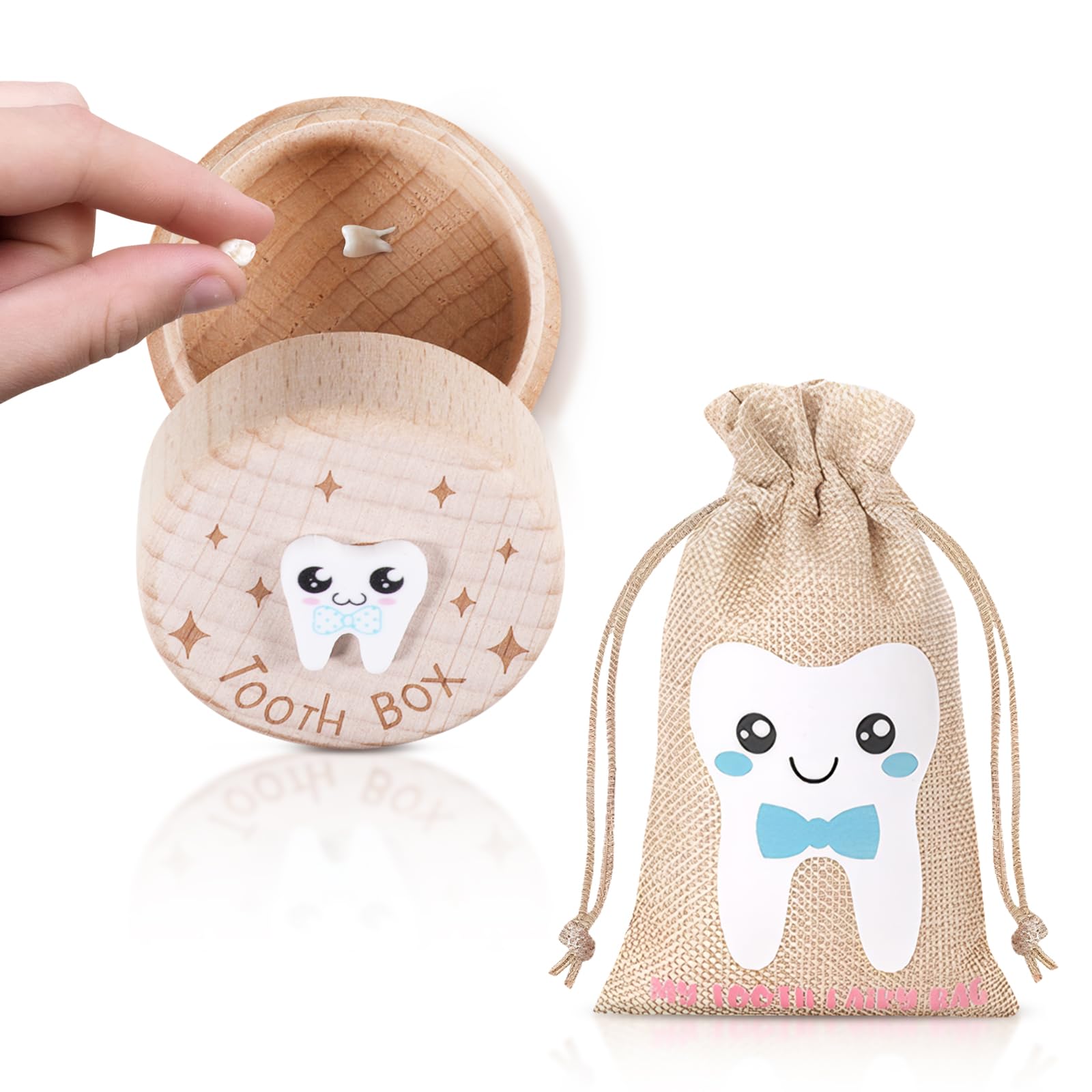 SIWOKJJO Tooth Fairy Box, Tooth Fairy Bag for Boys, Boy Keepsake Organizer, Lost Teeth Holder Box, Tooth Storage Box, Cute Wooden Tooth Fairy Keepsake