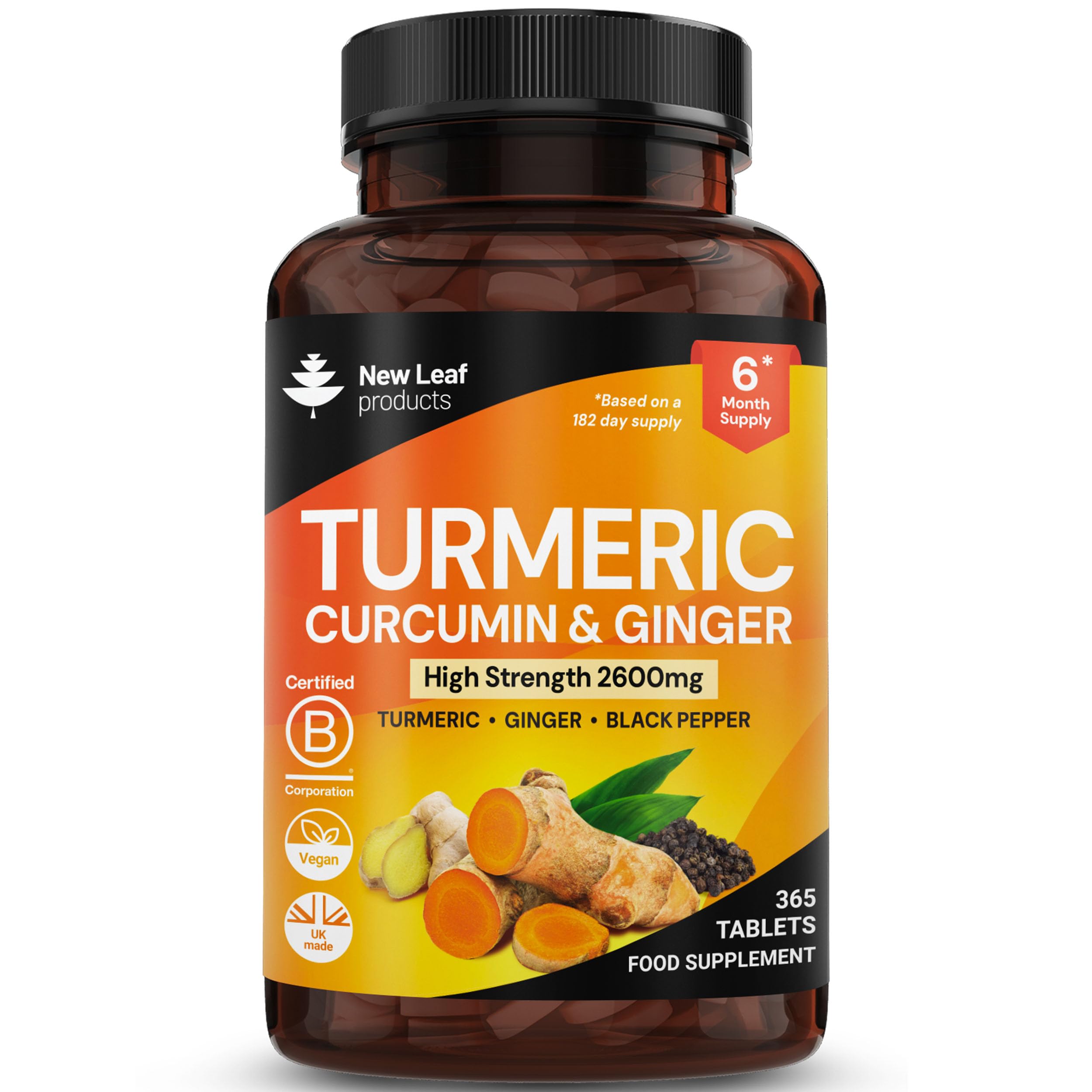 Turmeric Tablets 2600mg High Strength with Black Pepper & Ginger (6 Months Supply) Active 95% Turmeric Curcumin Supplements 365 Tablets Not Capsules, Vegan, UK Made by New Leaf