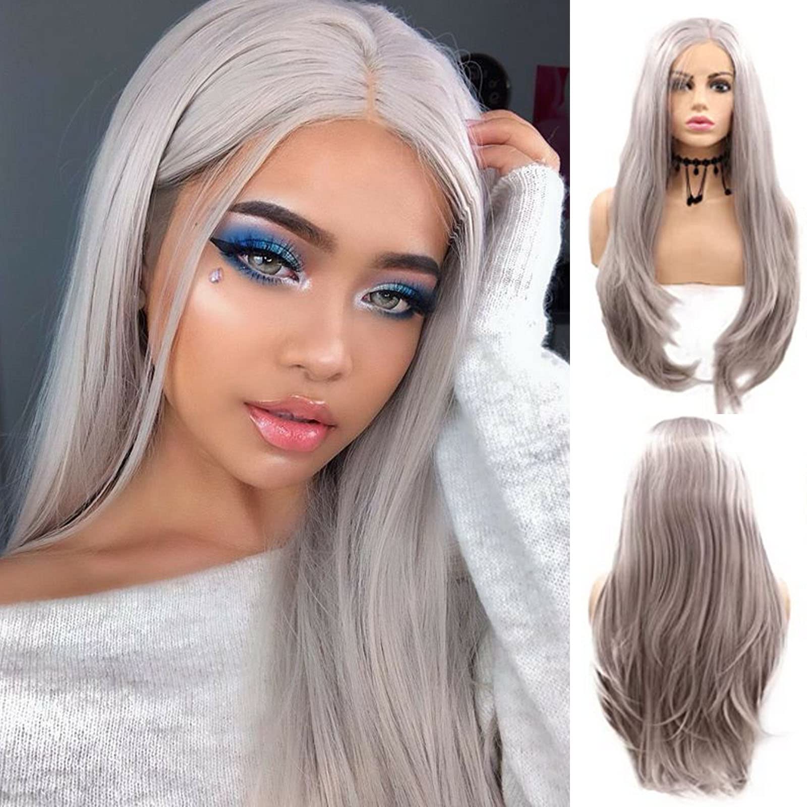 Silver Lace Front Realistic Wigs Grey Lace front Wigs for Women Long Straight Gray Synthetic Wigs Natural Hairline Glueless Heat Resistant Fiber Hair Drag Queen Daily Wear Afro Wig 24 Inch