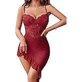 Avidlove Sexy Lingerie for Women Bodycon Ruffle Corset Lingerie Lace Mesh Babydoll Dress with Underwire Floral Sleepwear