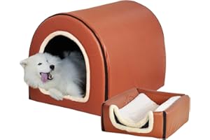 FOUIYIUTU Dog Bed,2 Ways to Use,Indoor Pet House with Fluffy Mat,Removable and Washable Cover,Splash-Proof House and Non-Slip Bottom,for Large Dogs(2XL Brown Faux Leather)