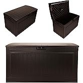 Suncast 80-Gal. Waterproof Resin Large Outdoor Patio Deck Box with Pad-Lockable Lid, Modern Outdoor Patio Bench/Storage Box for Cushions, Garden Tools, and More, Java
