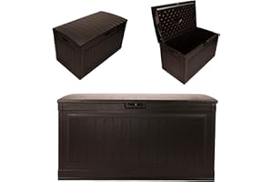 Suncast 80-Gal. Waterproof Resin Large Outdoor Patio Deck Box with Pad-Lockable Lid, Modern Outdoor Patio Bench/Storage Box for Cushions, Garden Tools, and More, Java