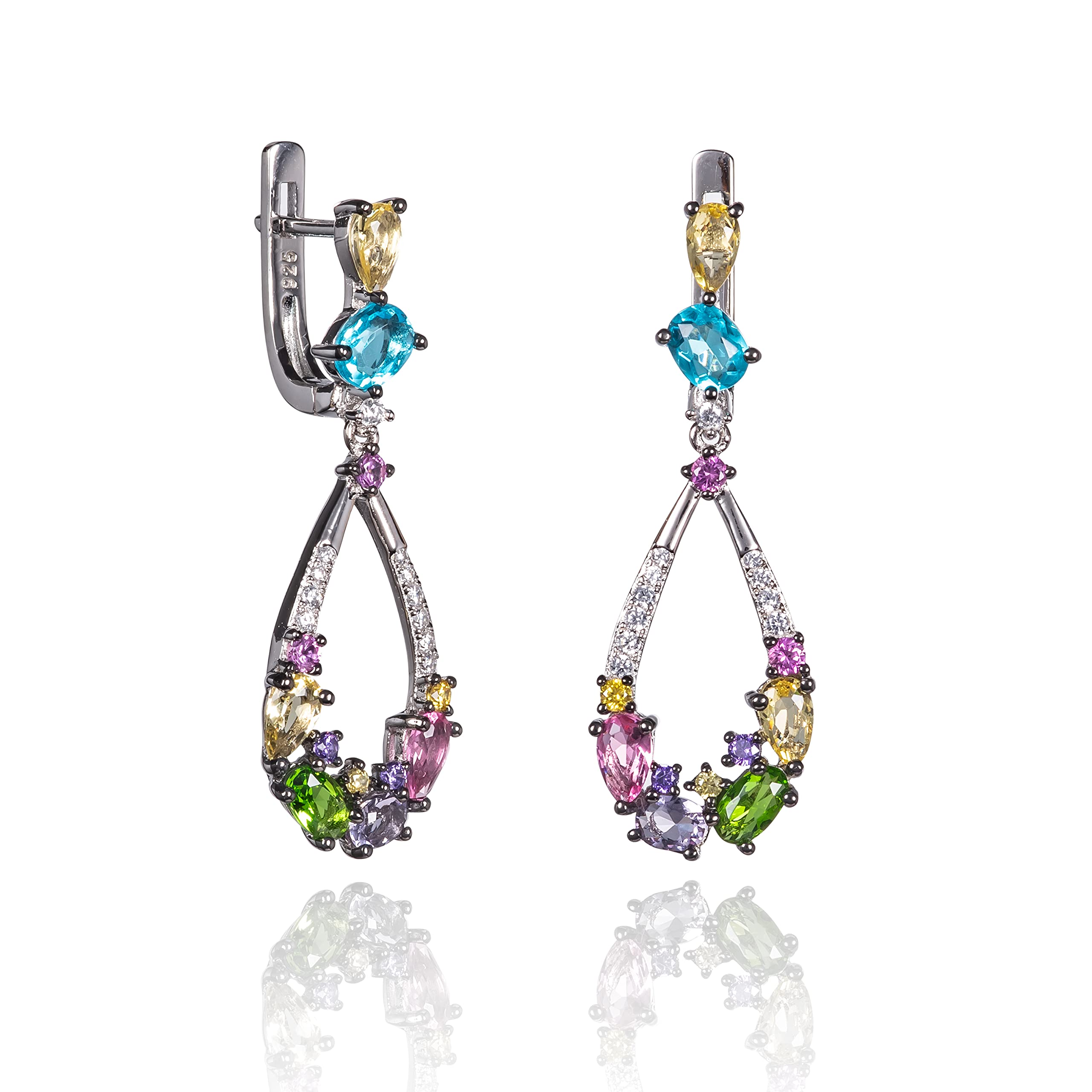 Namana Colourful Drop Earrings for Women. 925 Sterling Silver Long Earrings for Women with Multicoloured Stones and Cubic Zirconia Gemstones. Colourful Dangle Earrings for Women in Sterling Silver