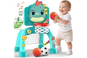 NICMORE Dinosaur Kids Sports Play Toy: 4-in-1 Multifunction Indoor Outdoor Activity – Basketball Toss, Ring Throw, Ball Play & Music Lights to Improve Motor Skills, Birthday Gift for Boys Girls Age 1-3