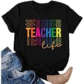 FCGHSII Teacher Shirts for Women: Teaching Life T-Shirt Teach Graphics Tee Tops Teachers Outfit Casual Short Sleeve