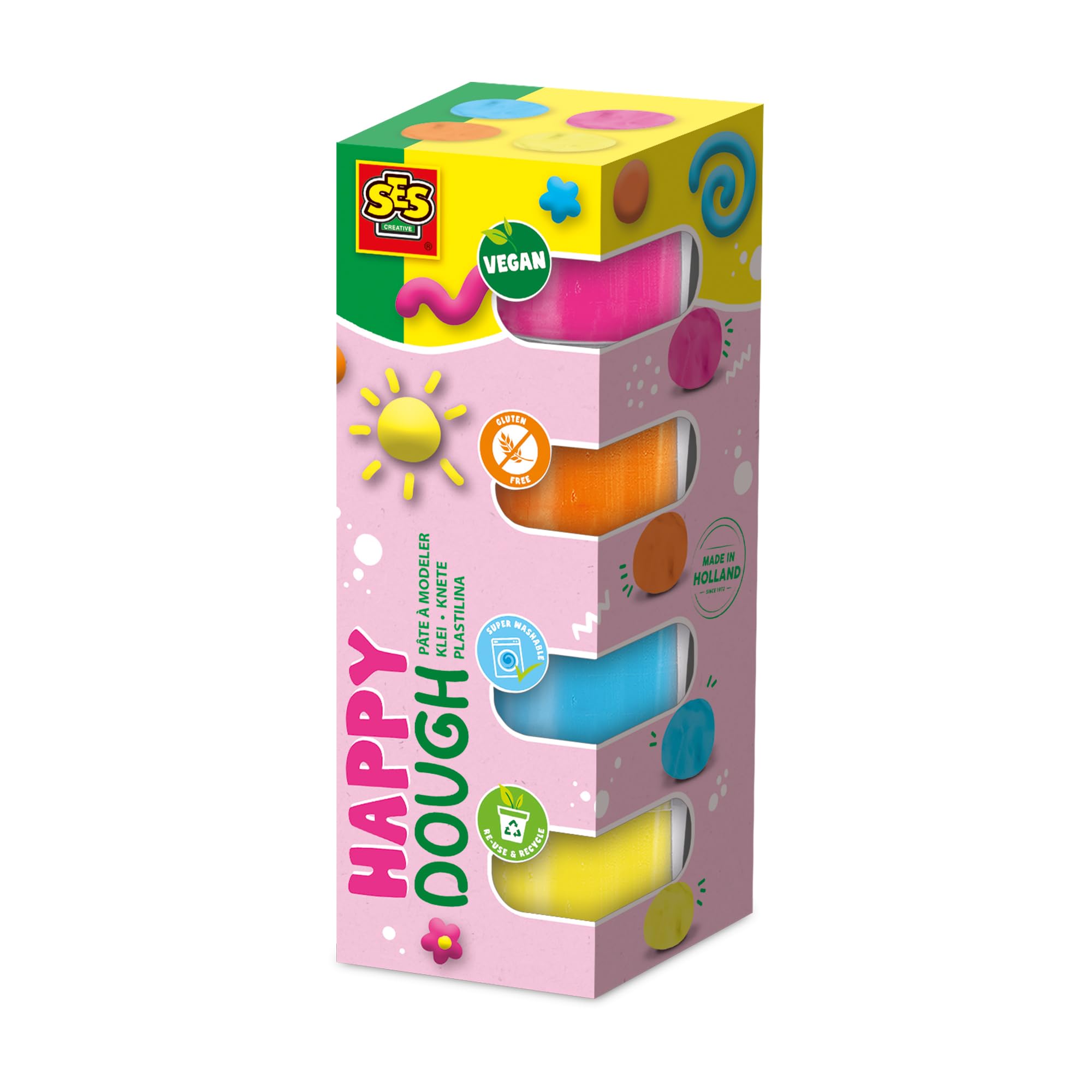 SES Creative Feel Good Happy Vegan Gluten-Free Play Dough, for 1 Year olds, Hot Pink, Light Blue, Orange, Yellow