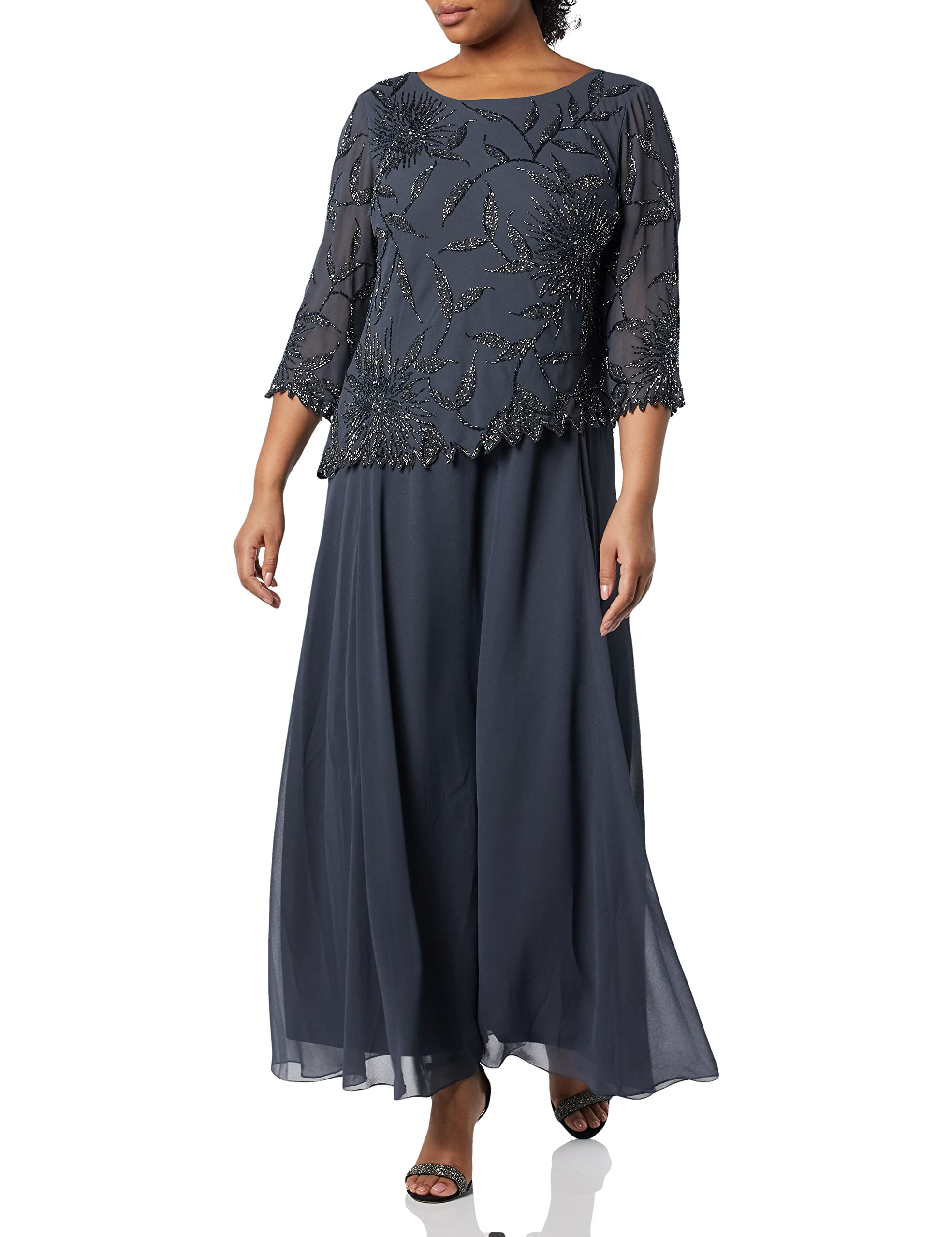 Photo 1 of J Kara Womens Plus Size Scoop Neck Line with 3/4 Sleeve Beaded Top Long Dress, Grey/Multi, 20W