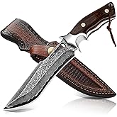 Damascus Hunting Knife,10.4"Fixed Blade Bowie Knife with Sheath,Real Damascus Steel Knives with VG10 Core &Wood Handle,Swiss 