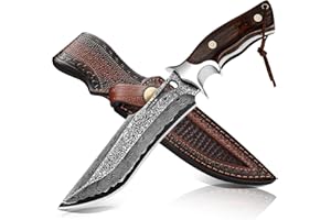 SAN TONG XIONG Handmade Damascus Hunting Knife,10.4"Fixed Blade Bowie Knife with Sheath,Real Damascus Steel Knives with VG10 Core &Wood Handle,EDC Full Tang Knives for men women, Adventure,Survival,Hiking,Camping,Gifts for Men Women