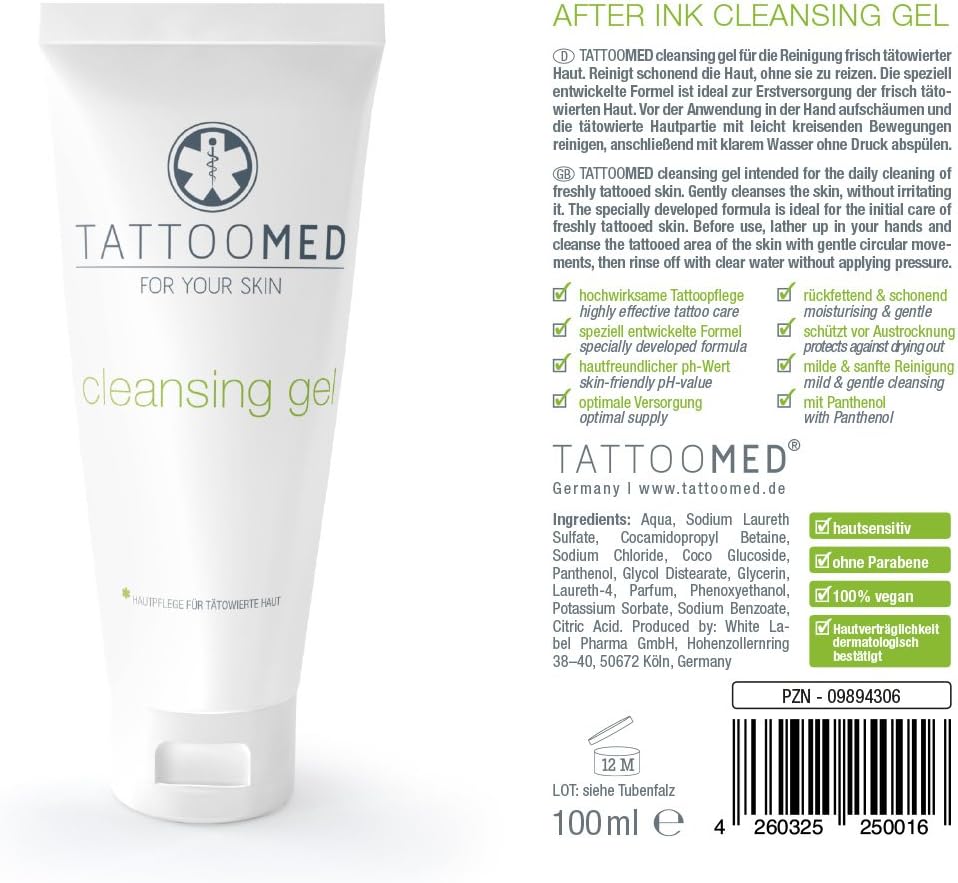 TattooMed Cleansing Gel - pH Neutral Sensitive Washing Gel for Healthy Tattoos - (1 x 100ml), 100 ml (Pack of 1) - Image 3