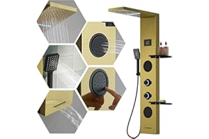 BATHLAVISH LED Gold Shower Tower 304 Stainless Steel Shower Panels With Storage Shelf Shower System with Rainfall Shower Head Massage Body Jets Waterfall Bathtub Bathroom Lavatory Wash