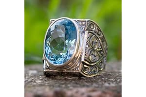 LRESJJIUJ Men's Stainless Steel Retro Cubic Zirconia Square Cut Stone Seal Hand Carved Ring Blue Topaz gem Men's Silver Ring(Size 8)