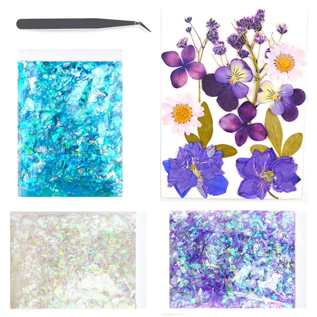 DIYBravo Foil Flakes Silver Blue Dried Flowers for Resin Nail Art with Tweezers Holographic Glitters Resin Fillers Jewelry Making Supplies Kit for DIY Candle Scrapbooking Decoration