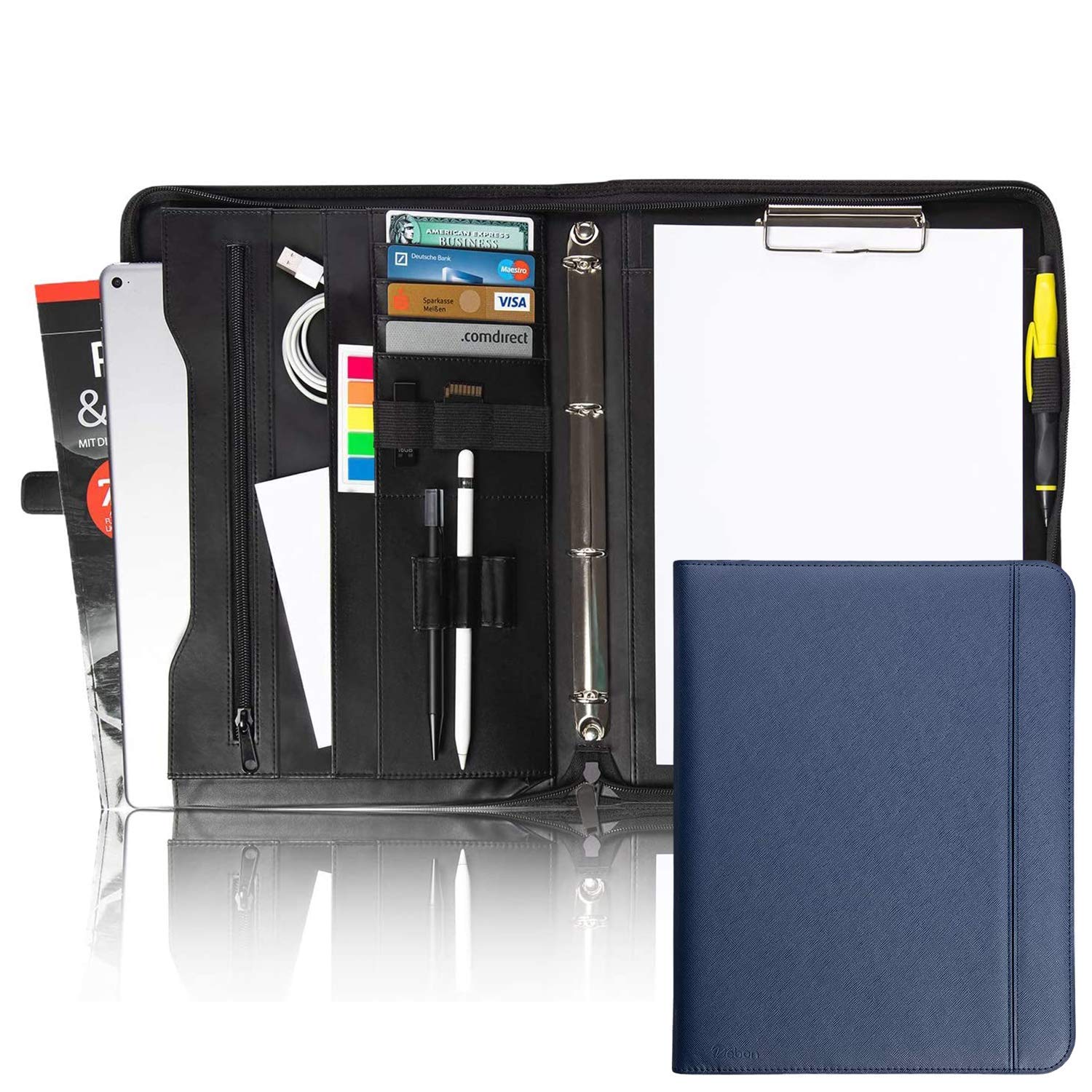 Vebon® Writing Case Ring Binder A4 "Berlin" I Zip + Clipboard I Conference Folder + Laptop Bag I Extra Storage Space I Black I Faux Leather, sapphire blue