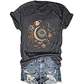 MZEAZRK Women Mystic Moon and Sun Flower Shirt Boho Wildflower Celestial Moon Graphic T Shirts Short Sleeve Tops(Dark Grey,S)