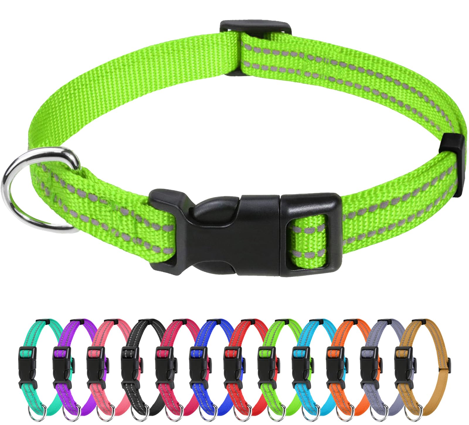 TagMe Reflective Nylon Dog Collars, Adjustable Classic Pet Collar with Quick Release Buckle for Puppy, Green, 1.0 cm Width
