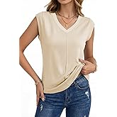 Sidefeel Womens Tops Causal V Neck Cap Sleeve Summer T Shirts Trendy Patchwork Loose Fit Basic Tees Blouses